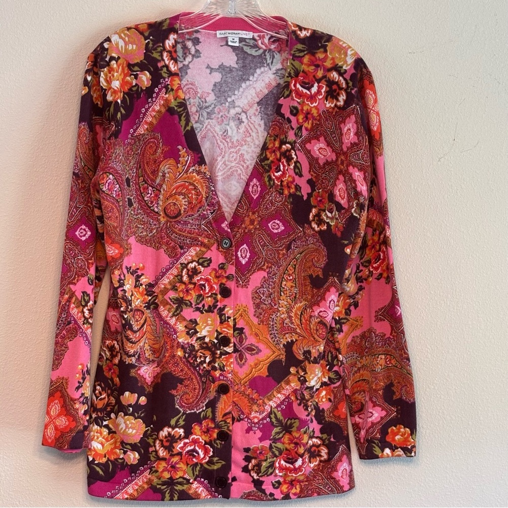 Isaac Mizrahi Women's Multicolor Floral Paisley Cardigan Sweater SZ M